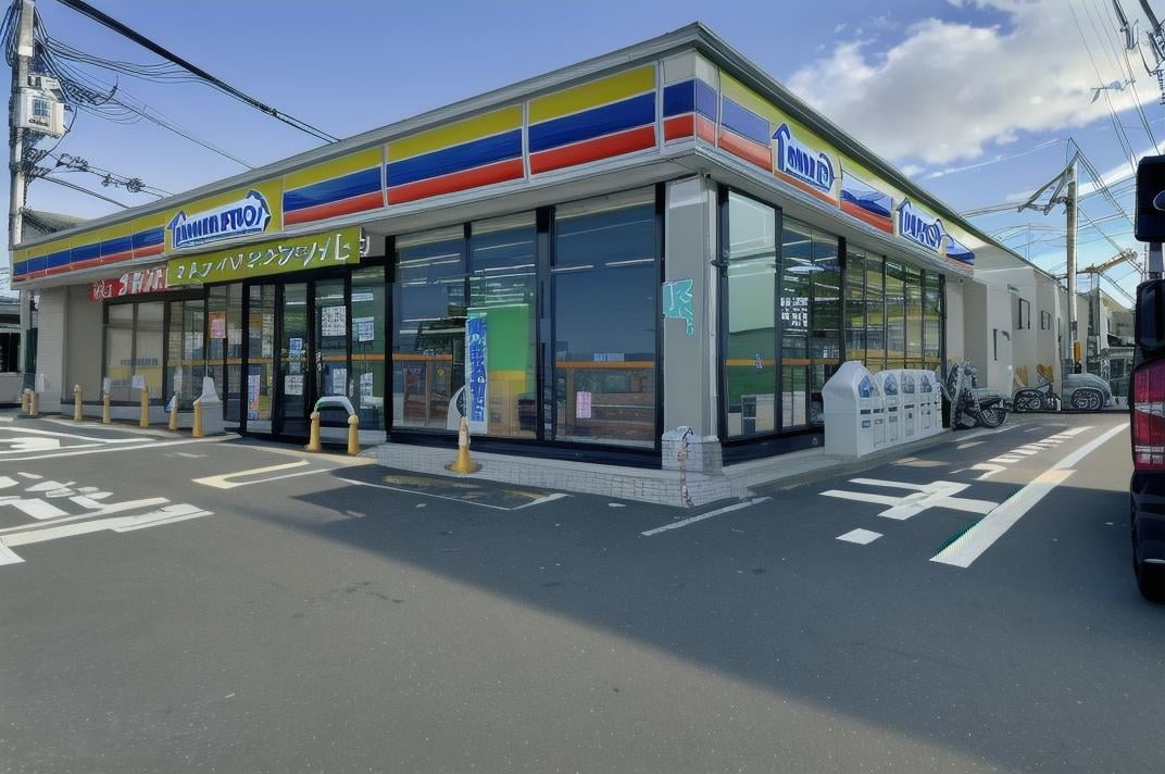 masterpiece, best quality, ultra-detailed, illustration,ministop, konbini, scenery, storefront, japan, cloud, outdoors, sky, car, day, road, shop, blue sky, power lines, cloudy sky, utility pole, street, building, realistic,  <lora:MINISTOP_JAPAN_SD15_V1:1>
