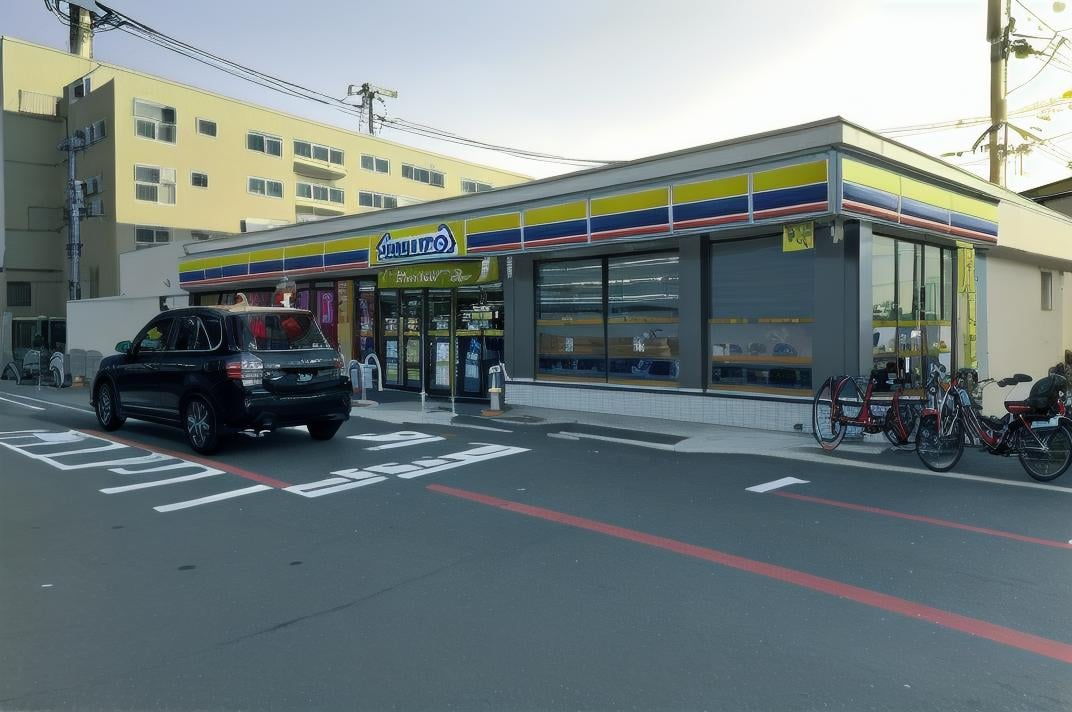 masterpiece, best quality, ultra-detailed, illustration,ministop, konbini, scenery, storefront, japan, bicycle, outdoors, road, power lines, utility pole, building, car, sign, street, shop, sky, realistic, <lora:MINISTOP_JAPAN_SD15_V1:1>