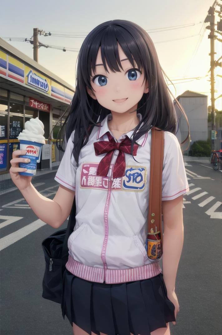 best quality, ultra-detailed, illustration,1girl,solo, black hair, long hair, school uniform, school bag, happy, smile, holding, soft serve, ice cream cone, looking at viewer, upper body, ministop, konbini, scenery, storefront, japan, bicycle, outdoors, road, power lines, utility pole, building, car, sign, street, shop, sky, realistic, <lora:MINISTOP_JAPAN_SD15_V1:0.8>