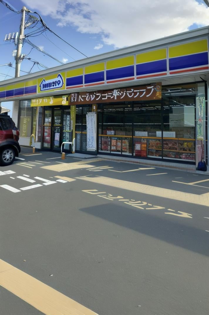 masterpiece, best quality, ultra-detailed, illustration,ministop, konbini, scenery, storefront, japan, cloud, outdoors, sky, car, day, road, shop, blue sky, power lines, cloudy sky, utility pole, street, building, realistic,  <lora:MINISTOP_JAPAN_SD15_V1:1>