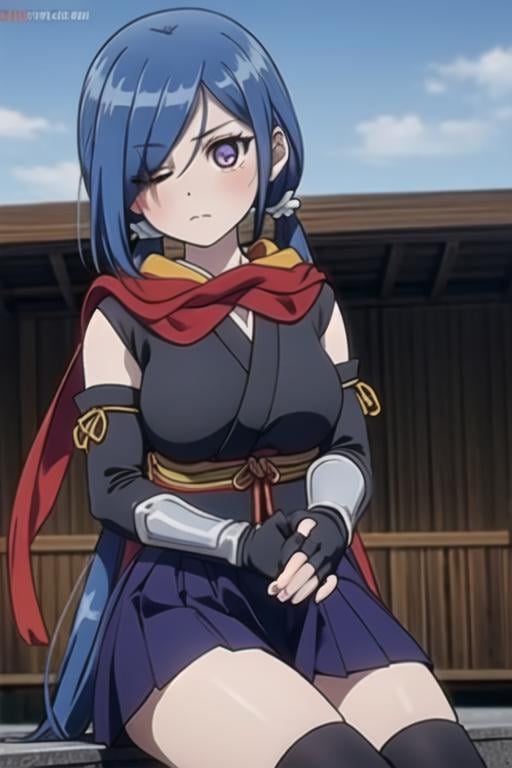 <lora:YukiHanzomon:1>, masterpiece, best quality, 1girl, blue hair , elbow gloves , fingerless gloves, gloves , long hair, low twintails, miniskirt , ninja, one eye closed , red scarf , scar, scar across eye, scar on face, scarf , short kimono ,skirt, solo, twintails, purple eyes, hair over one eye, cape, knee boots, thick thighs, 