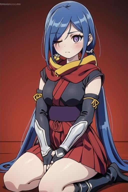 <lora:YukiHanzomon:1>, masterpiece, best quality, 1girl, blue hair , elbow gloves , fingerless gloves, gloves , long hair, low twintails, miniskirt , ninja, one eye closed , red scarf , scar, scar across eye, scar on face, scarf , short kimono ,skirt, solo, twintails, purple eyes, hair over one eye, cape, (thick thighs), knee boots, kneeling, 