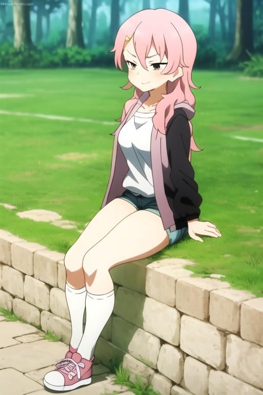 <lora:Benisumomo1122:0.9>, masterpiece, best quality, benisumomo, 1girl, solo, pink hair, hairclip,black hooded jacket, smug, kneehighs, thick thighs, short shorts, (white t-shirt), large breasts, sneakers, (white legwear), 