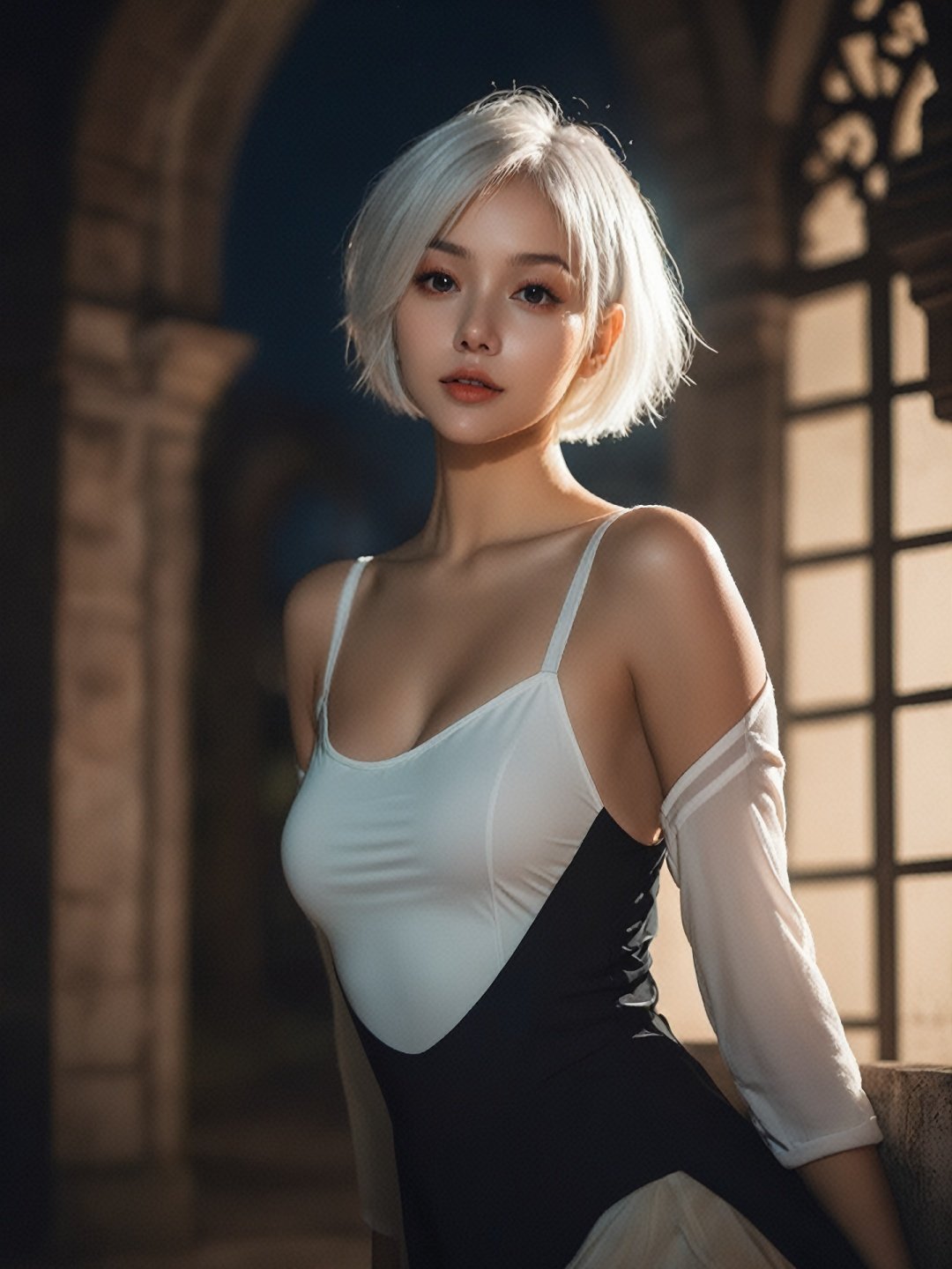  award winning photo, in the (dark:1.3), (deep shadow:1.3), creepy, scary, best quality, highres, ismail inceoglu, beautiful eyes, beautiful detailed face, 1girl, beautiful woman, (white hair), (short hair), bob cut, ((white leotard)), thighhighs, (large breasts), (narrow waist), wide hips, thick thighs, long legs, (detailed lips), (in a gothic castle), ((moonlight)), light particles, intricate details, window in the background, dynamic angle, slight smile, (night:1.4)