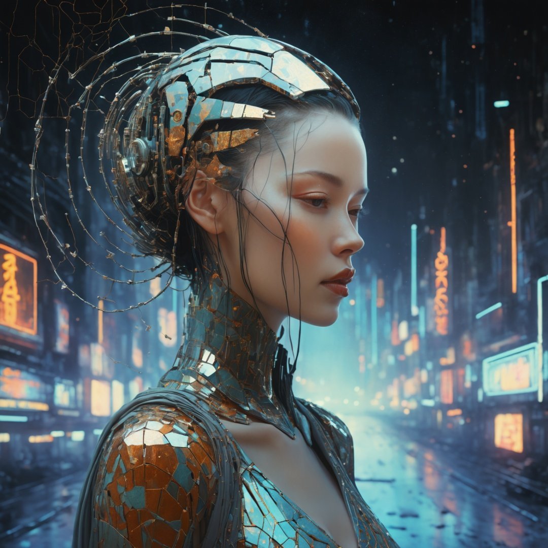  The artwork is a detailed, symmetrical portrait of a cyberpunk neuronet goddess made of delicate broken cracked corrode rust damaged porcelain and lit with backlighting. It was created by Victo Ngai and H. R. Giger and rendered using Octane. The piece is trending on CGsociety and Artstation and is highly detailed and vibrant. It is set in outer space and features a vanishing point and a super highway. It is a digital render and digital painting. 8 k, haze fog smoke, back lighting, sparks spark, fire, silhouette, in a apocalypse destroyed war zone city background, bokeh