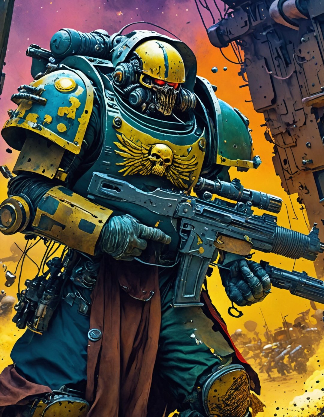  Drawing inspiration from modern masters like Yoshitaka Amano,Katsuya Terada, moebius inspired metal hurlant art In the middle of a chaotic skirmish, a space marine takes a defensive stance, unloading rounds from his boltgun into the advancing alien horde., warhammer 40000, , the contrast in colors and textures should be distinct surreal,highly detailed,vibrant yet slightly desaturated,dramatic lighting,sense of motion,grainy texture,retro-futuristic, deep digital painting layers,fluid watercolor techniques,meticulous detailing,soft ambient lighting, vibrant colors,subtle emotional nuances