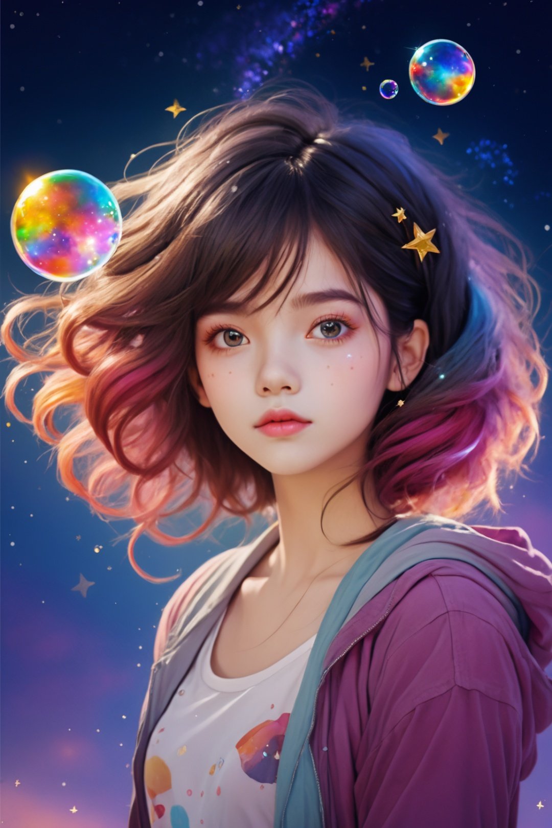 (masterpiece),(best quality),(ultra-detailed),(illustration),1girl,mixed-blood girl,,stars in the eyes, messy floating hair, colored inner hair, Starry sky adorns hair, (lots of big colorful Bubble), (pearl), (Galaxy), depth of field,