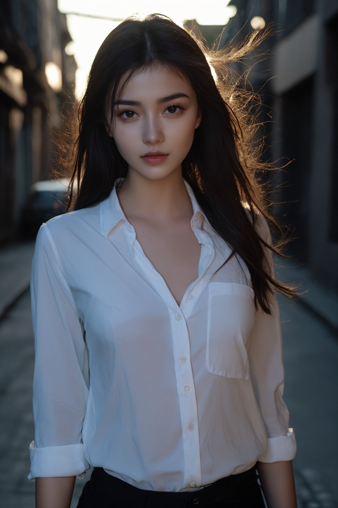 photographic of a girl, 20 years old, clear facial contour, upper body, looking at viewer, street, Beautiful dynamic dramatic dark moody lighting, volumetric, shadows, cinematic atmosphere, BREAK, 35mm photograph, (((grainy))), professional, 8k, highly detailed, Hasselbald 50mm lens f/1.9