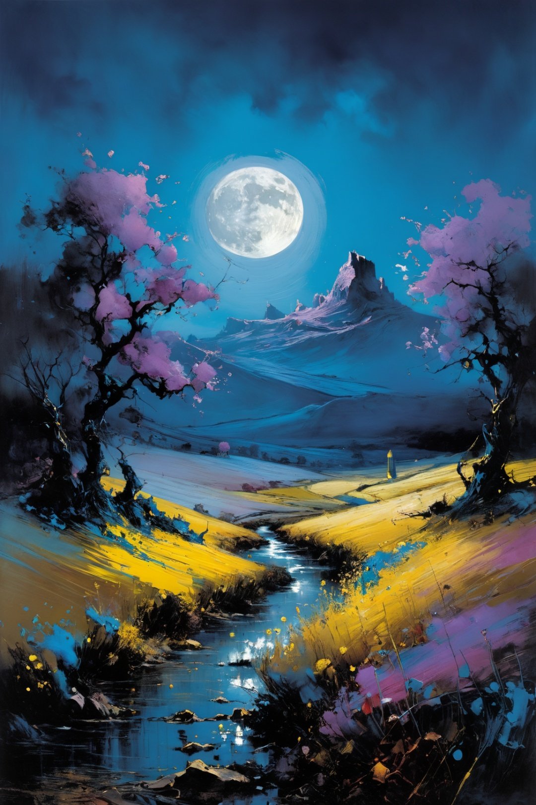  landscape by Gustave Moreau, Thomas Kinkade, James Gurney. Carne Griffiths. Frank Frazetta. van gogh, Alberto Sevesooil paint, masterpiece, Realistic, deep colors, blue tint, only bronze gold moon, night scenery, fields, Field, Intricate, detailed, sharp, clear, Better image quality, harsh brush strokes