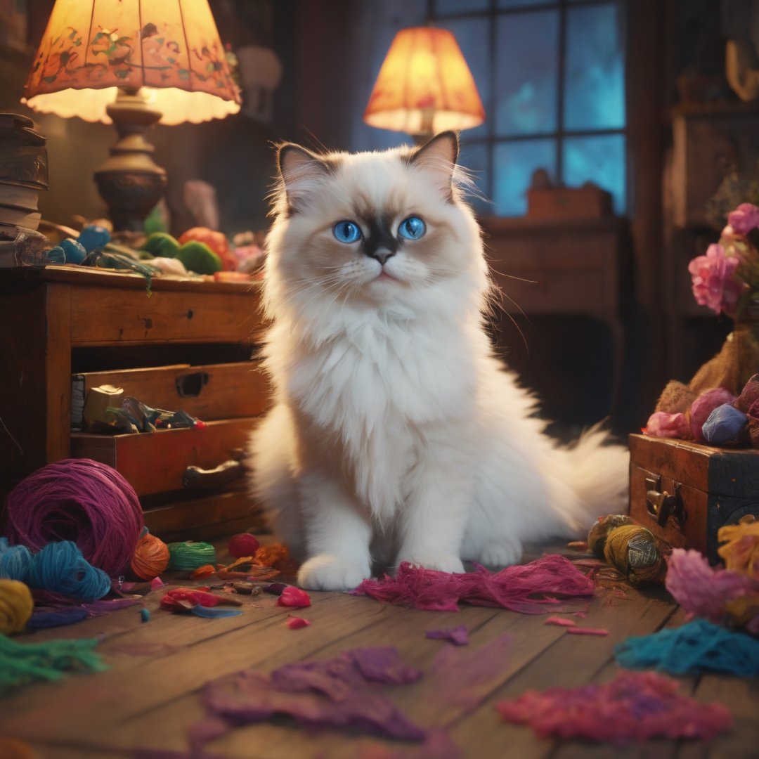  A cute Ragdoll, colorful, clutter, ultra detailed, mysterious, scary, perfect environment, cinematic lighting, product photography, unreal engine, 8K