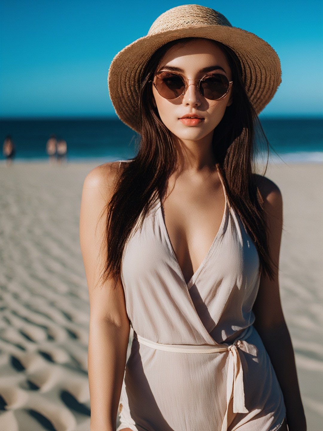 photographic of a girl, 20 years old, clear facial contour, upper body, looking at viewer, beach style, swimsuits, cover-ups, flip-flops, straw hats, sunglasses, lightweight clothing. Beautiful dynamic dramatic dark moody lighting, volumetric, shadows,  BREAK, 35mm photograph, grainy, professional, 8k, highly detailed, Hasselbald 50mm lens f/1.9,[by ethan for CGArt Mayfly model]