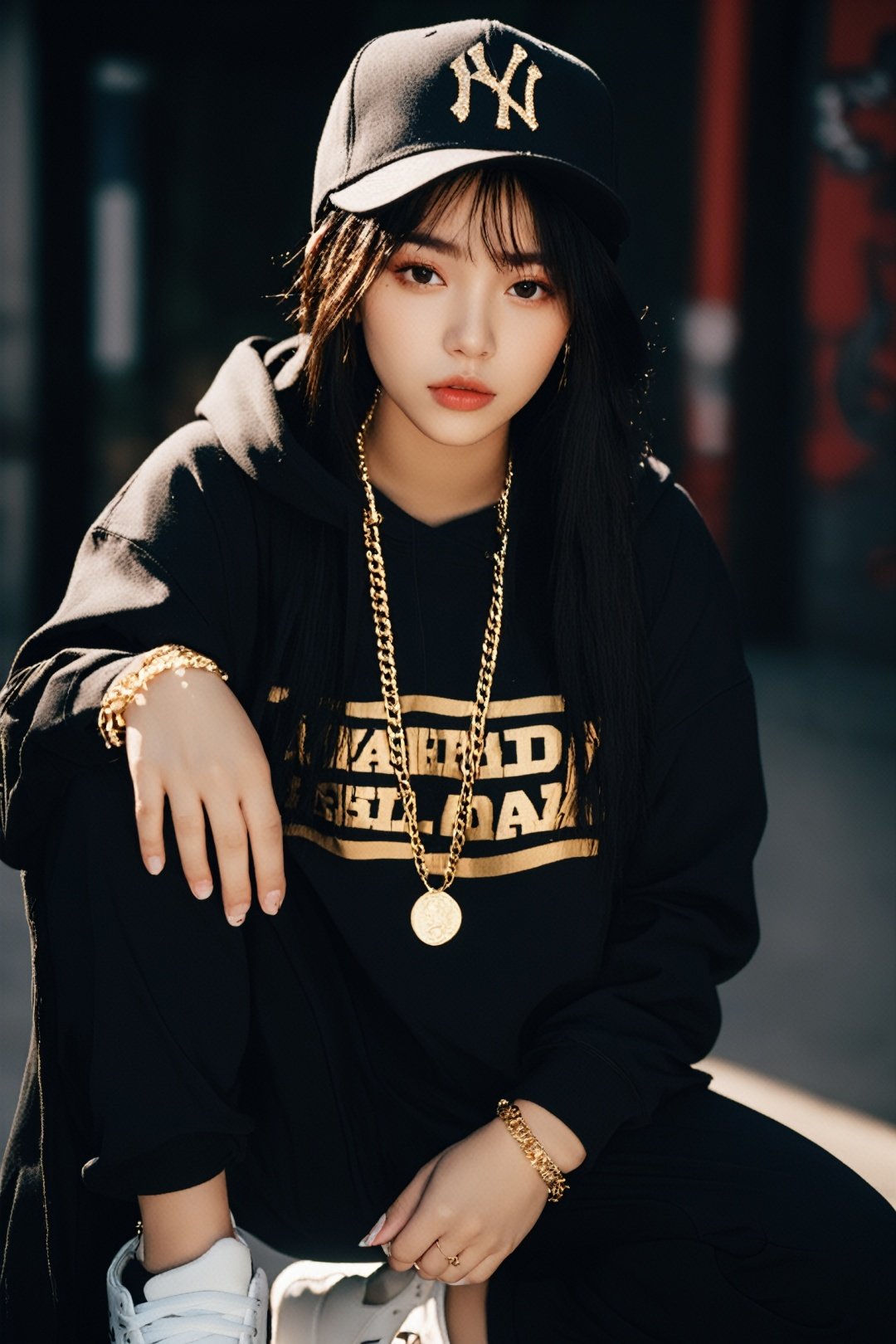 photographic of a girl, 20 years old, clear facial contour, upper body, looking at viewer,hip-hop style, baggy pants, oversized hoodies, gold chains, snapback hats, high-top sneakers, bold prints. Beautiful dynamic dramatic dark moody lighting, volumetric, shadows,  BREAK, 35mm photograph, grainy, professional, 8k, highly detailed, Hasselbald 50mm lens f/1.9,[by ethan for CGArt Mayfly model]