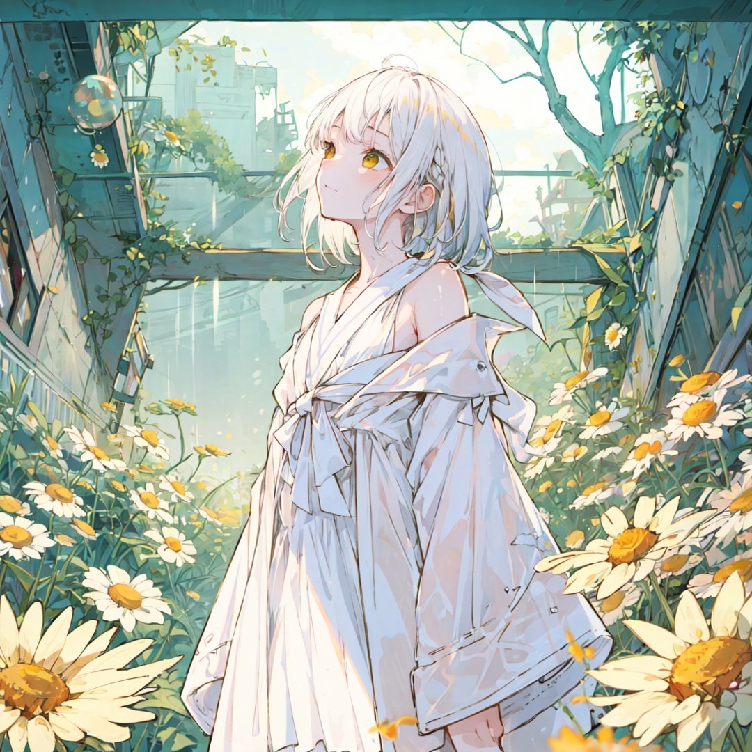 yellow theme,the setting sun,(((Chamomile))),Chamomile,cornflower,vines,forest,ruins,lens flare,hdr,Tyndall effect,damp,wet,1girl,bare shoulders,broken glass,broken wall,white hair,white dress,closed mouth,constel lation,flat color,braid,blinking,white robe,float,closed mouth,constel lation,flat color,looking up,standing,medium hair,standing,solo,