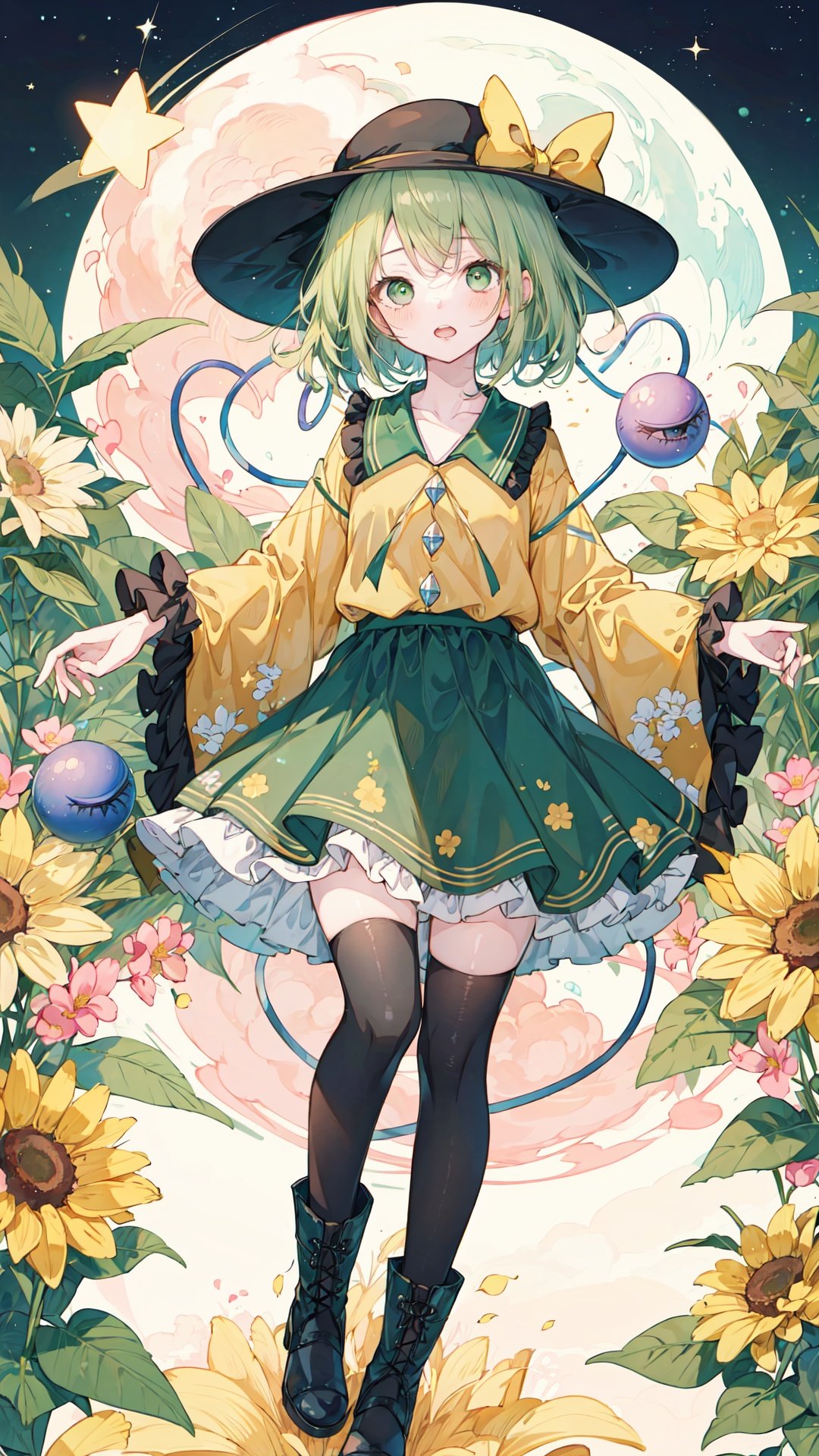 masterpiece,(illustration:1.2),(Cinematic Lighting),star,moon,bubble,fantastic,plant,best quality,
1girl,solo,hat,komeiji koishi,skirt,heart,shirt,thighhighs,green skirt,long sleeves,ribbon,looking at viewer,wide sleeves,third eye,frills,yellow shirt,hat ribbon,star (symbol),flower,green hair,black headwear,full body,short hair,blue eyes,blush,frilled sleeves,frilled shirt collar,gradient,green eyes,collarbone,frilled skirt,hat bow,yellow ribbon,bow,eyeball,floral print,yellow bow,blouse,parted lips,heart of string,bangs,open mouth,boots,