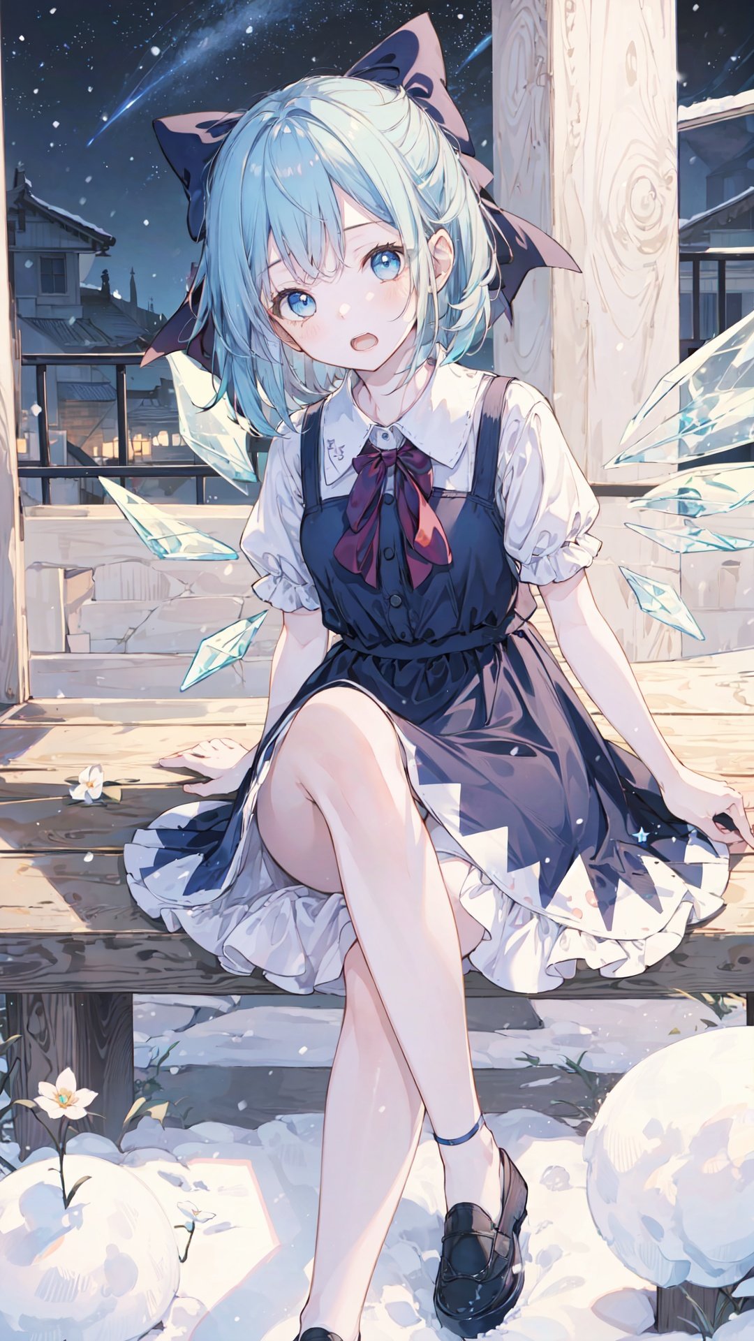 finely detail, Depth of field,(((masterpiece))),((extremely detailed CG unity 8k wallpaper)),best quality,high resolution illustration,Amazing,highres,intricate detail,(best illumination, best shadow, an extremely delicate and beautiful),

チルノ,Cirno,cirno, 1girl, wings, bow, ice, solo, blue_hair, star_\(sky\), dress, blue_dress, hair_bow, blue_eyes, blue_bow, ice_wings, starry_sky, open_mouth, underwear, sky, snowing, short_hair, short_sleeves, night_sky, shoes,