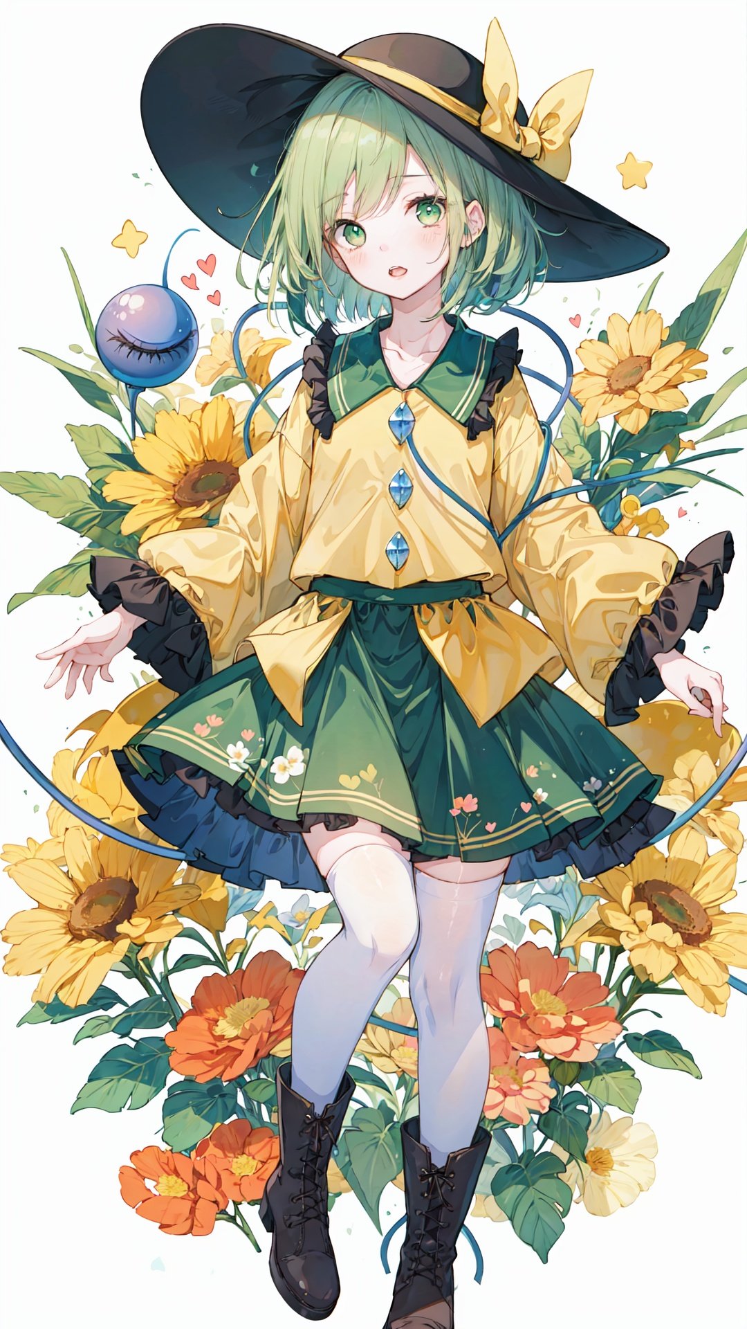 masterpiece,(illustration:1.2),(Cinematic Lighting),star,moon,bubble,fantastic,plant,best quality,
1girl,solo,hat,komeiji koishi,skirt,heart,shirt,thighhighs,green skirt,long sleeves,ribbon,looking at viewer,wide sleeves,third eye,frills,yellow shirt,hat ribbon,star (symbol),flower,green hair,black headwear,full body,short hair,blue eyes,blush,frilled sleeves,frilled shirt collar,gradient,green eyes,collarbone,frilled skirt,hat bow,yellow ribbon,bow,eyeball,floral print,yellow bow,blouse,parted lips,heart of string,bangs,open mouth,boots,