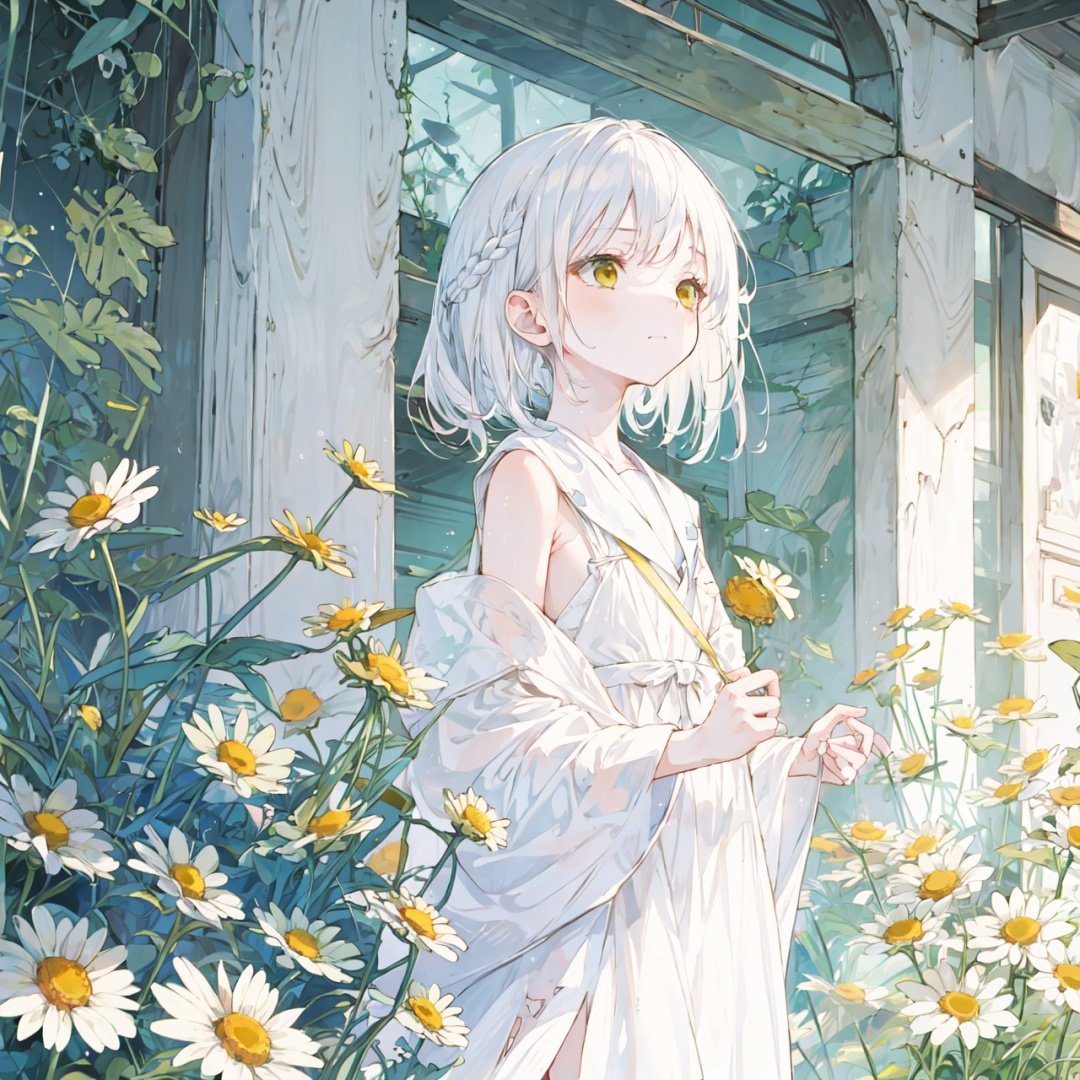 yellow theme,the setting sun,(((Chamomile))),Chamomile,cornflower,vines,forest,ruins,lens flare,hdr,Tyndall effect,damp,wet,1girl,bare shoulders,broken glass,broken wall,white hair,white dress,closed mouth,constel lation,flat color,braid,blinking,white robe,float,closed mouth,constel lation,flat color,looking up,standing,medium hair,standing,solo,