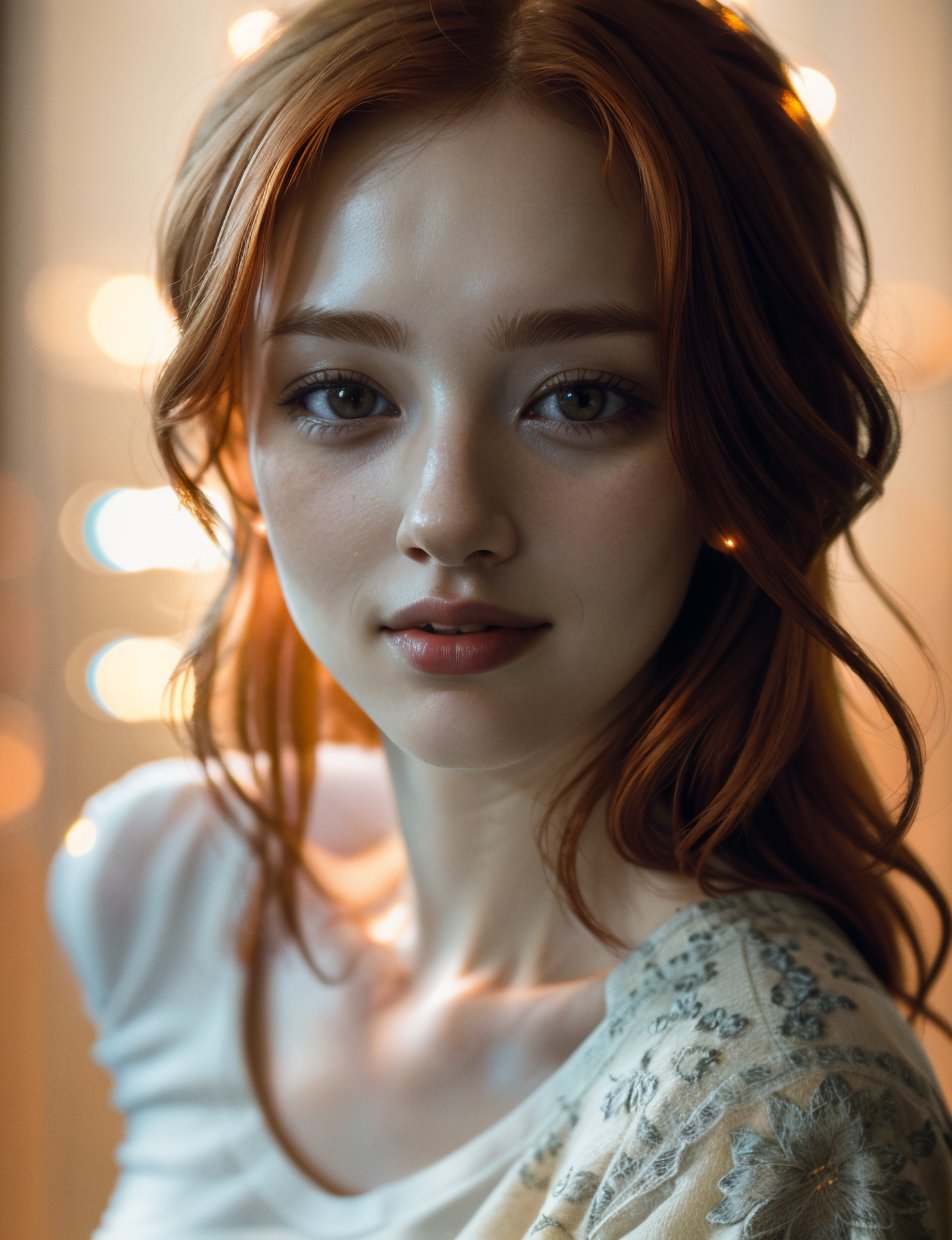 RAW uhd closeup portrait photo, casual clothes, intricate details, shallow depth of field, ginger hair, she is teasing the viewer, cinematic lighting, happy, (beautiful detailed glow)
