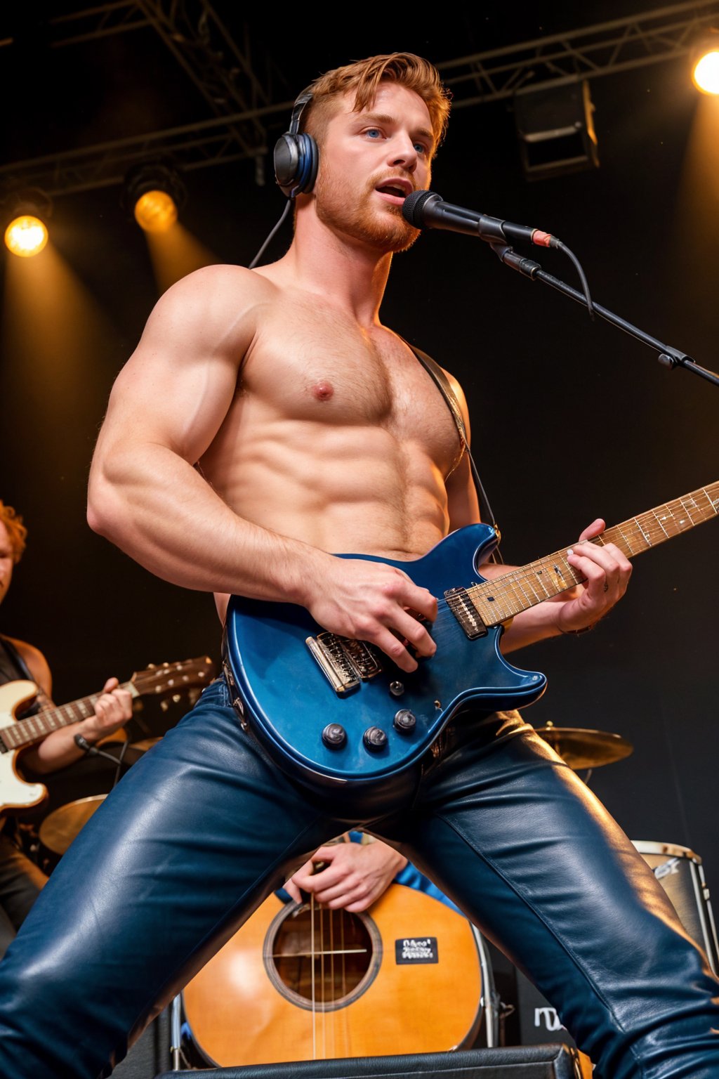 A photo of a handsome muscular redhead male rocker, irish man, with blue eyes and short hair styled on one side up, performing on stage while holding an electric guitar, wearing black leather pants, while wearing headphones, beard, huge pectorals, sweaty, dynamic pose, realistic, masterpiece, intricate details, detailed background, depth of field,