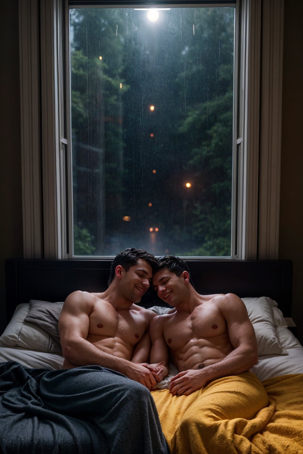 Generate a heartwarming and cinematic bedroom scene. In a cozy and tastefully decorated bedroom with soft, dimmed lighting, two loving men, Alex and James, are peacefully sleeping side by side in a king-sized bed adorned with plush blankets and pillows. The rain is gently tapping against the windowpane, creating a soothing ambiance. Capture the scene from a slightly elevated angle, allowing the viewer to appreciate the tenderness of their embrace and the affectionate smiles on their faces as they dream together on this rainy night. Convey the warmth and intimacy of their relationship, the comfort of their shared space, and the tranquility of the rainy evening outside, (night:1.4), fog, condensation, (muted color:1.3), (dark atmosphere:1.5), pectorals, realistic, masterpiece, intricate details, detailed background, depth of field,