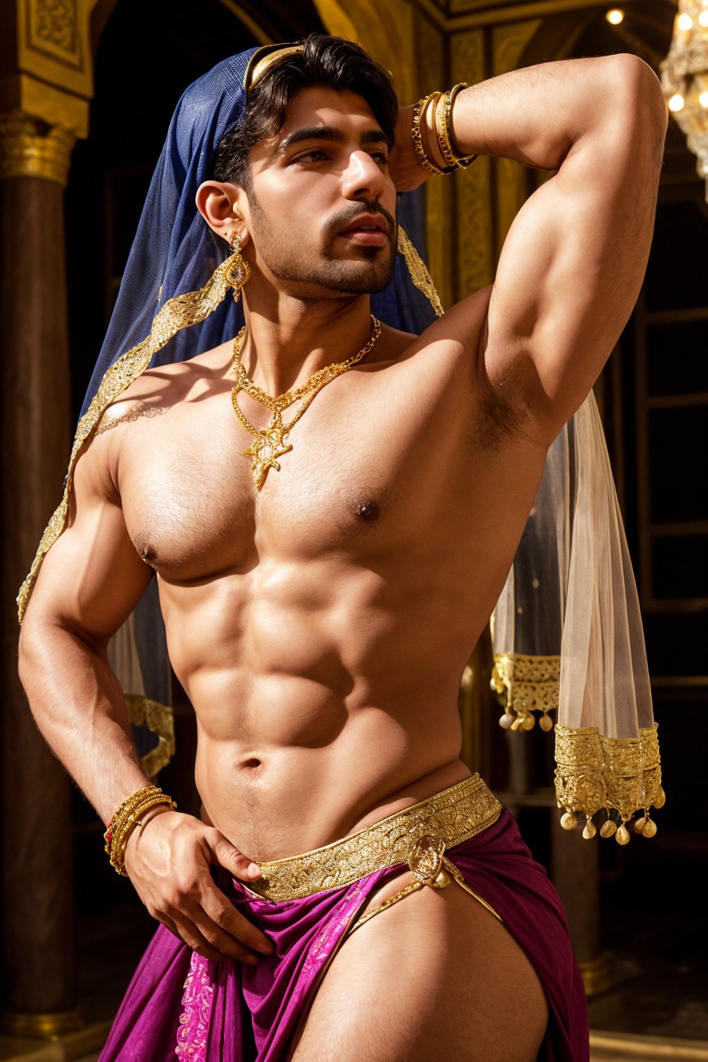 arab man wearing intricate arabian belly dancer clothes, veil, colorful clothes, (see-through clothes), intricate jewelry, (ancient arabian palace), medieval arabia, (dancing), body chain, body piercings, dynamic pose, bracelet, anklet, armband, mouth veil, nature, (from side:0.7), realistic, masterpiece, intricate details, detailed background, depth of field,