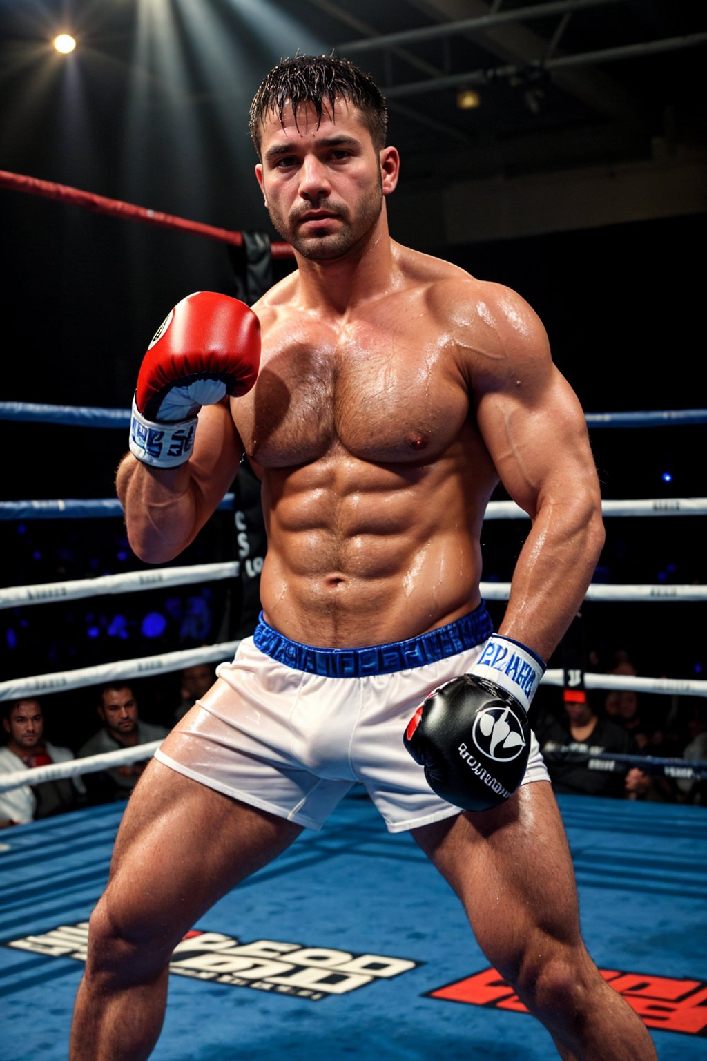 1man, male focus, massive pectorals, puffy nipples, boxer, boxing ring, latino male, dramatic lighting, barefoot, bandages, cowboy shot, (super hairy chest, hairy chest), sweaty, fighting stance, bulge, see-through, wet clothes, bruised, injury, embarrassed, blush, audience, realistic, masterpiece, intricate details, detailed background, depth of field,