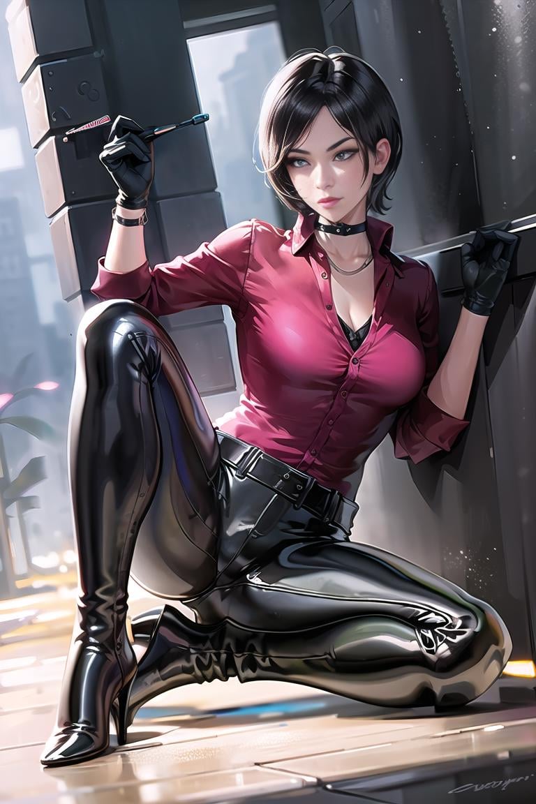 1girl, <lora:AdaWong-14:1>, REO, leather pants, boots, gloves, collared shirt, best quality, masterpiece, highres