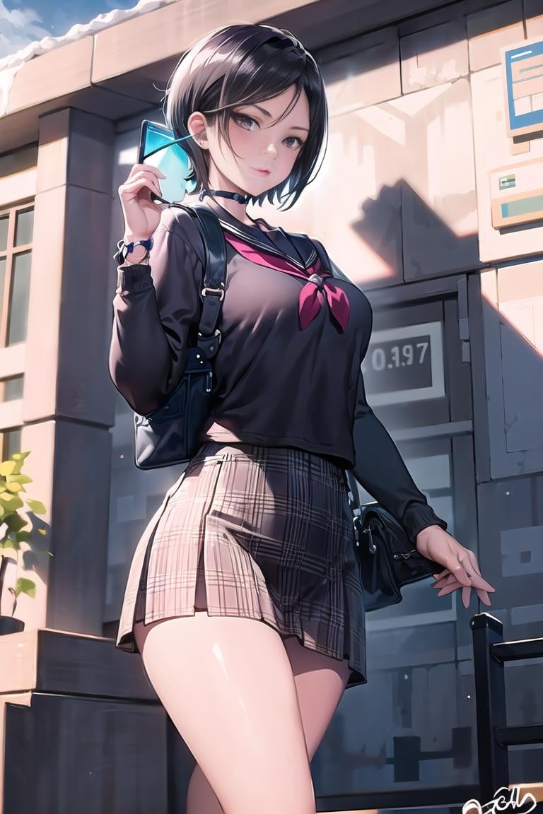 <lora:Schoolgirl-18:0.8>, ScoolGrl, plaid skirt, serafuku, school bag, <lora:AdaWong-14:1>, best quality, masterpiece, highres