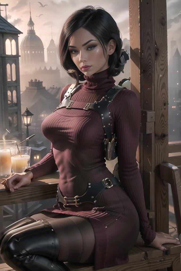 1girl, <lora:AdaWong-14:1>, RE4, sweater dress, turtleneck, ribbed sweater, thigh high boots, pantyhose, harness, best quality, masterpiece, highres