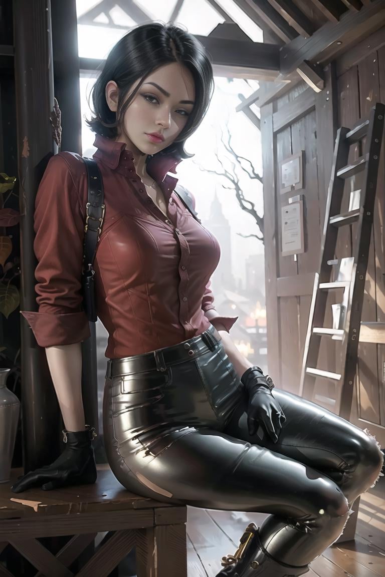 1girl, <lora:AdaWong-14:1>, REO, leather pants, boots, gloves, collared shirt, best quality, masterpiece, highres