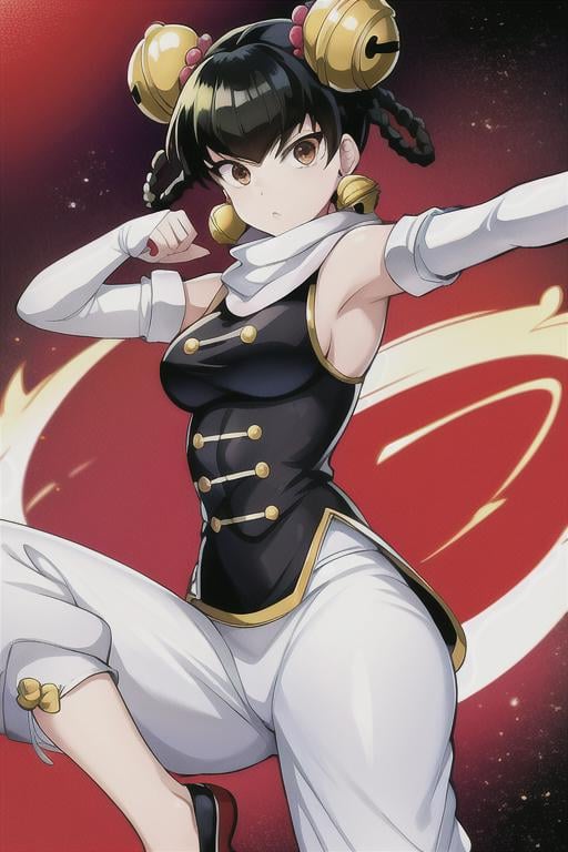 masterpiece, best quality, absurdres, 1girl, <lora:lin_lin:0.7>, lin lin (one-punch man), medium breasts, brown eyes, solo, short hair, bangs, black hair, twin braids, bell, jingle bell, hair bell, hair ornament, gloves, dress, bare shoulders, jewelry, braid, earrings, detached sleeves, shoes, sleeveless, elbow gloves, pants, white gloves, fingerless gloves, white scarf, chinese clothes, red footwear, bridal gauntlets, hair rings, white pants, outdoors, fighting stance, :<