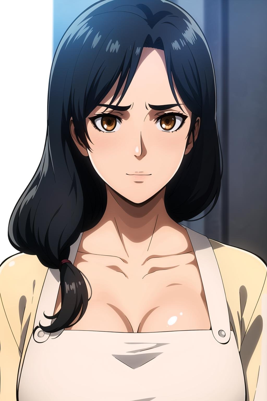 (day),White Background,blue sky,Yellow Shirt,cleavage, collarbone, long sleeves,White apron,<lora:Carla_Yeager_AOT-KK77-V1:0.7>,black Hair, brown eyes, Bangs, single braid,<lora:Mariana_Luciano_NON_VIRGIN-KK77-V1:0.3>,<lora:more_details:0.1>,1 girl, 20yo,Young female,Beautiful Finger,Beautiful long legs,Beautiful body,Beautiful Nose,Beautiful character design, perfect eyes, perfect face,expressive eyes,perfect balance,looking at viewer,(Focus on her face),closed mouth, official art,extremely detailed CG unity 8k wallpaper, perfect lighting,Colorful, Bright_Front_face_Lighting,shiny skin, (masterpiece:1.0),(best_quality:1.0), ultra high res,4K,ultra-detailed,photography, 8K, HDR, highres, absurdres:1.2, Kodak portra 400, film grain, blurry background, bokeh:1.2, lens flare, (vibrant_color:1.2),professional photograph, (Beautiful,large_Breasts:1.4), (beautiful_face:1.5),(narrow_waist), 