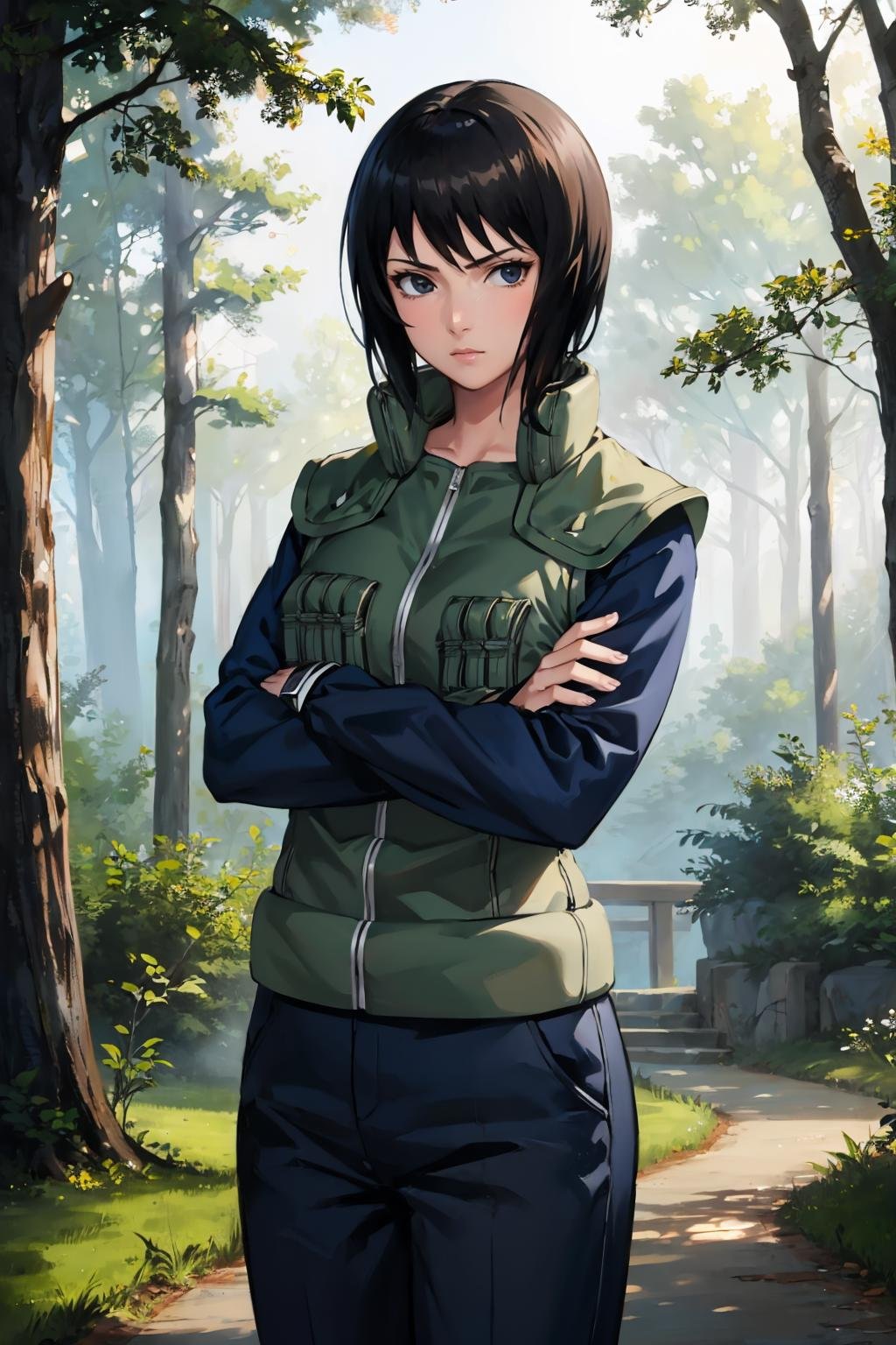 masterpiece, best quality, shizune, vest, long sleeves, pants, looking at viewer, forest, serious, cowboy shot, crossed arms, 1girl <lora:shizune-nvwls-v1-000011:0.9>