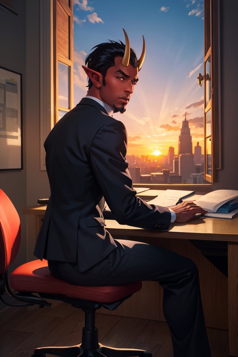 Masterpiece, best quality, 1boy, diablo, red skin, BREAK, horns, pointy ears,  sitting, behind desk, (elegant suit:1.1),  thick thighs, office, indoors, window, sunset, city.