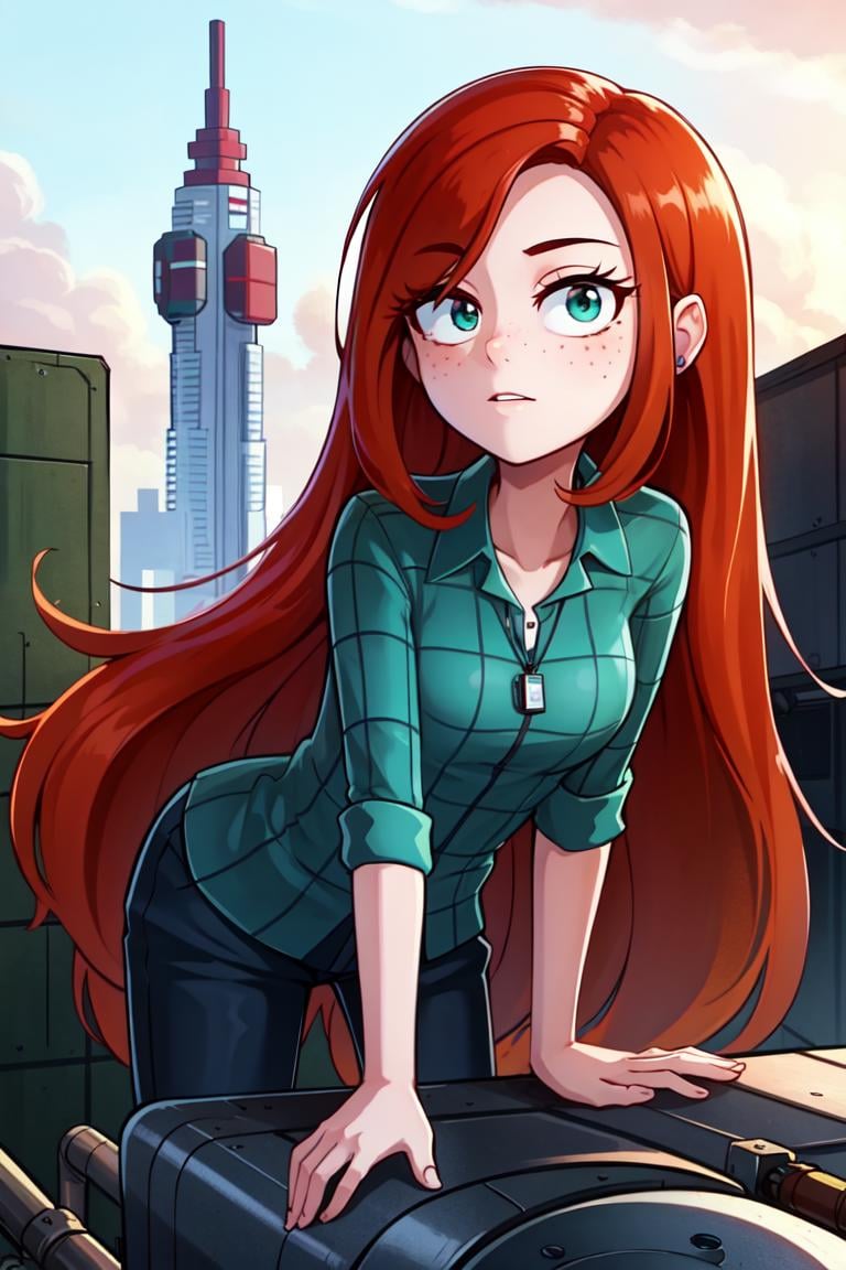 wendygf, 1girl, solo, long hair, shirt, jewelry, red hair, collared shirt, freckles,  green shirt,  <lora:wendygf-15 (1):0.55> thick eyelashes, long eyelashes, looking at viewer, mechanical spine, mechanical arms, outdoors, rooftop, sci-fi, science fiction, futuristic building, tower