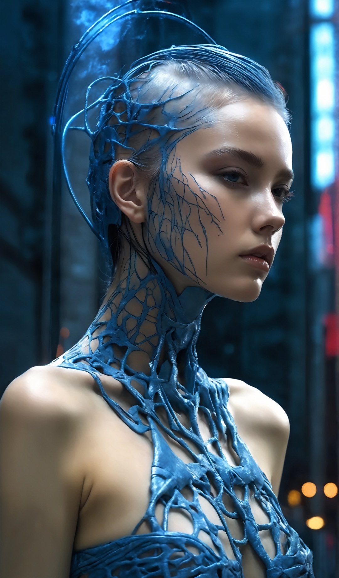 1girl in, surrealism, Verism, Anatomically correct, Textured skin, masuter piece, high details, awardwinning, hight resolution, 8K,Unevenness of the skin,20yr old, blue backgroud,FilmGirl,NightmareFlame,Future City