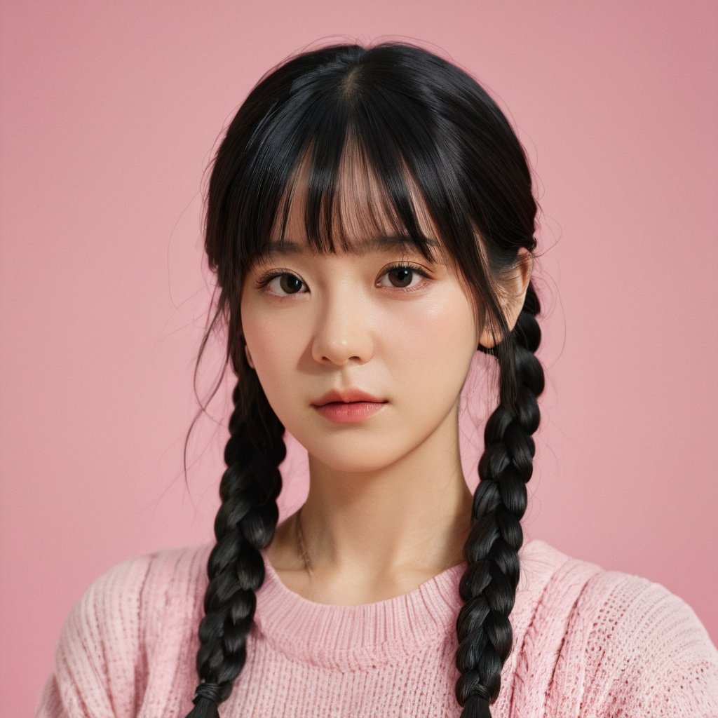 1girl, solo, braid, looking at viewer, black hair, pink background, bangs, closed mouth, realistic, twin braids, black eyes, upper body, mole, blunt bangs, grey background,FilmGirl