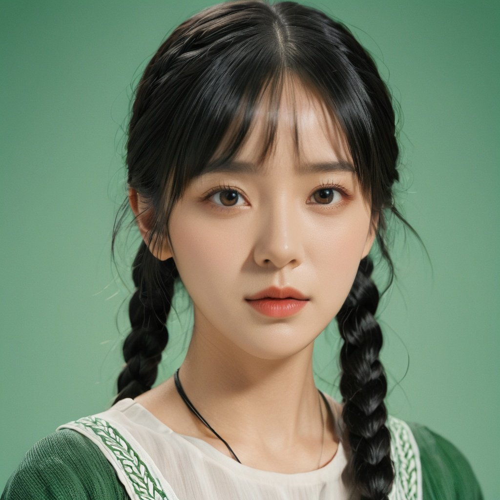 1girl, solo, braid, looking at viewer, black hair, green background, bangs, closed mouth, realistic, twin braids, black eyes, upper body, mole, blunt bangs, grey background,FilmGirl