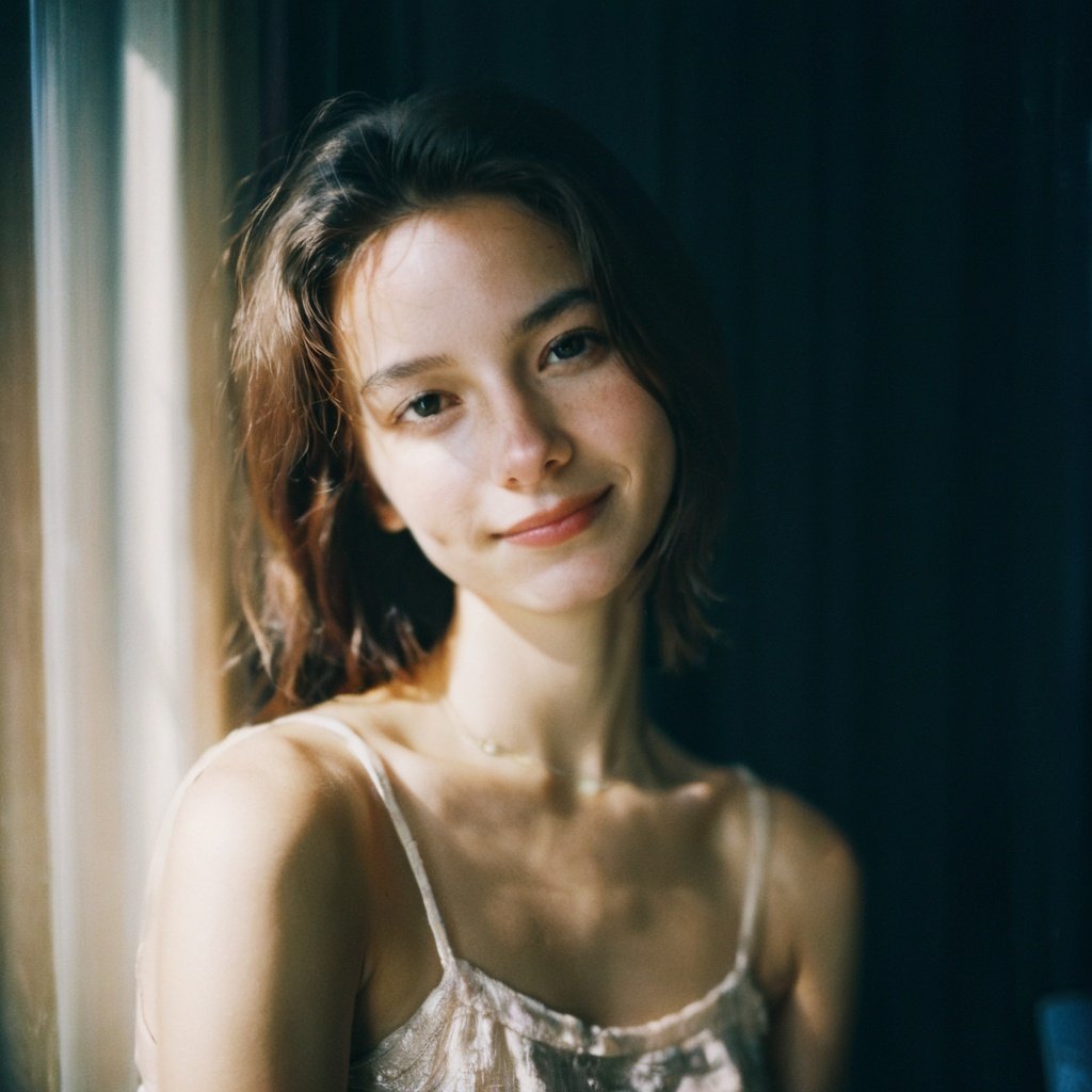 portrait of a girl,film, graininess,smile,,exposure,pearcing,FilmGirl,,aesthetic portrait,bare shoulders,FilmGirl, 