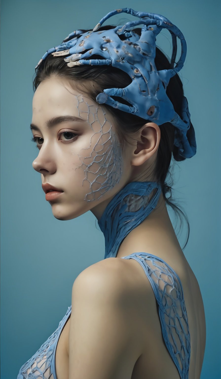 1girl in, surrealism, Verism, Anatomically correct, Textured skin, masuter piece, high details, awardwinning, hight resolution, 8K,Unevenness of the skin,20yr old, blue backgroud,FilmGirl