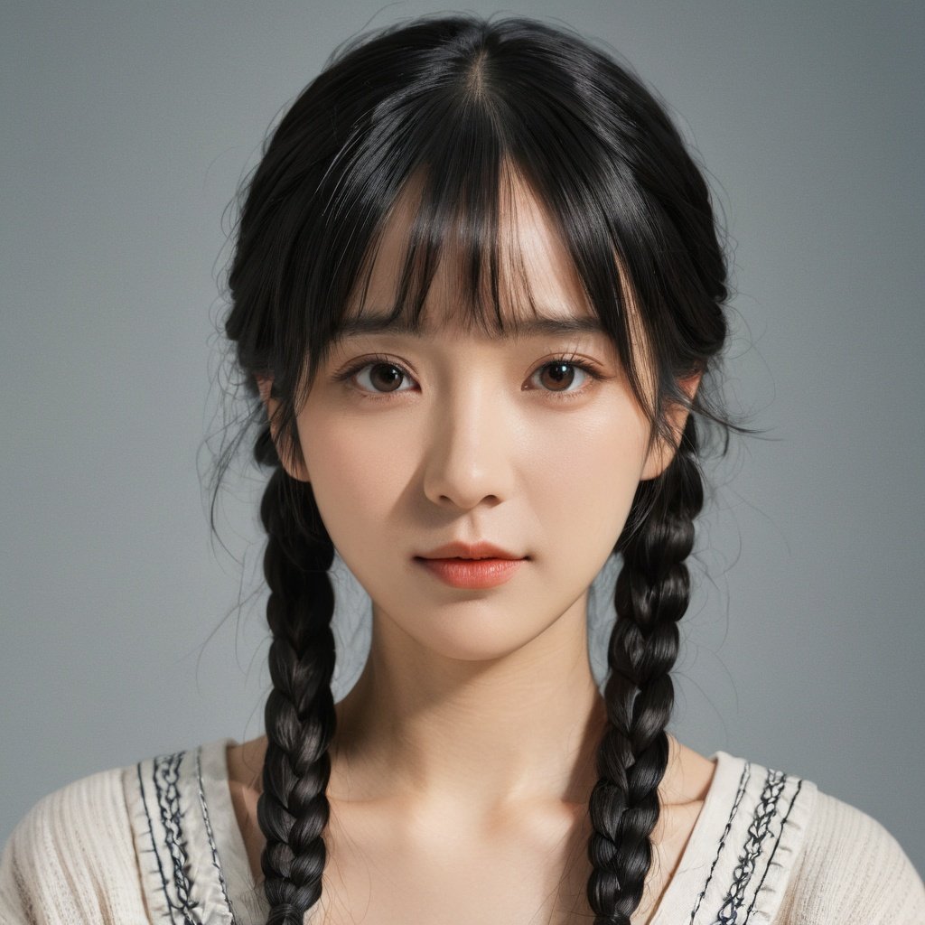 1girl, solo, braid, looking at viewer, black hair, simple background, bangs, closed mouth, realistic, twin braids, black eyes, upper body, mole, blunt bangs, grey background,FilmGirl