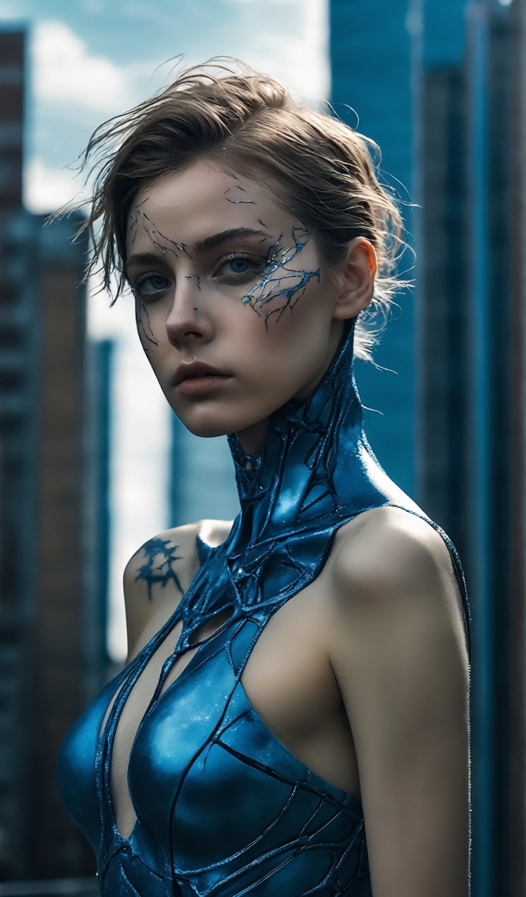 1girl in, surrealism, Verism, Anatomically correct, Textured skin, masuter piece, high details, awardwinning, hight resolution, 8K,Unevenness of the skin,20yr old, blue backgroud,FilmGirl,NightmareFlame,Future City