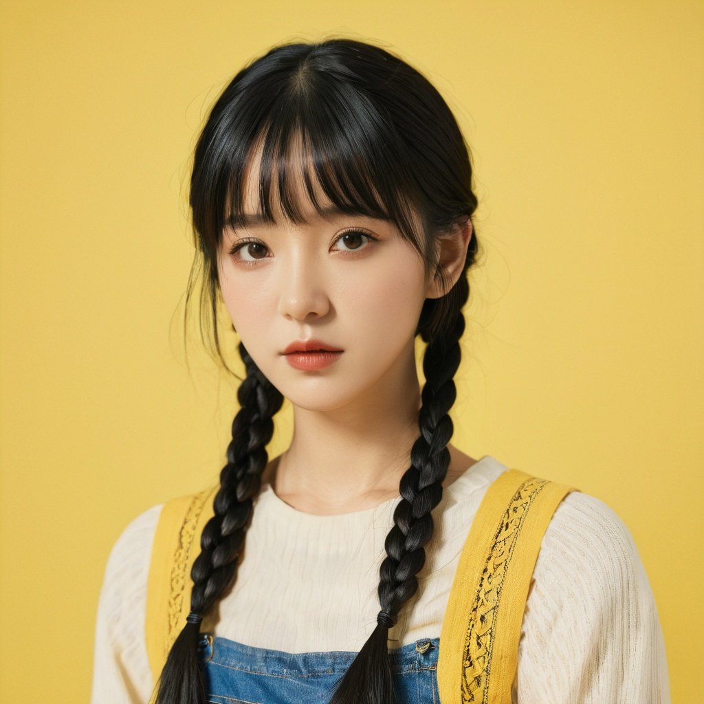 1girl, solo, braid, looking at viewer, black hair, yellow background, bangs, closed mouth, realistic, twin braids, black eyes, upper body, mole, blunt bangs,FilmGirl