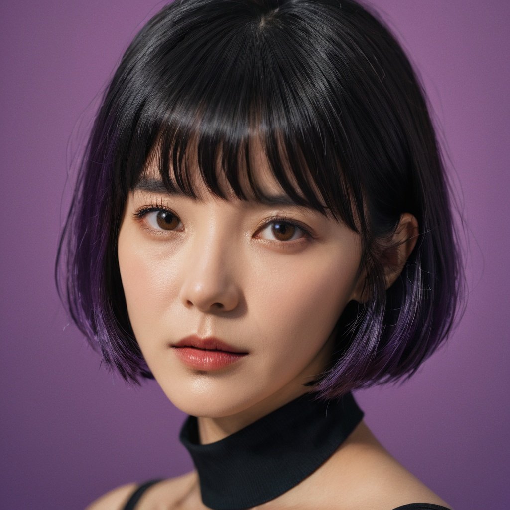 1girl, solo, short hair, looking at viewer, black hair, purple background, bangs, closed mouth, realistic, black eyes, upper body, mole, blunt bangs, FilmGirl