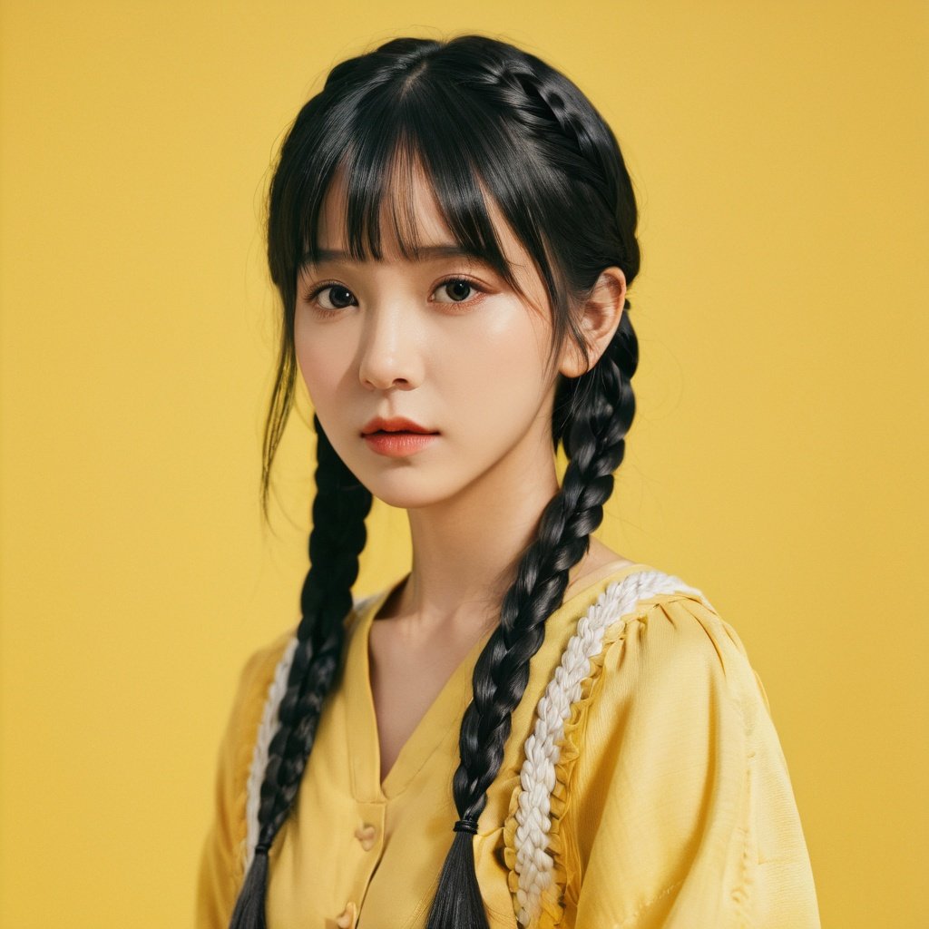 1girl, solo, braid, looking at viewer, black hair, yellow background, bangs, closed mouth, realistic, twin braids, black eyes, upper body, mole, blunt bangs,FilmGirl