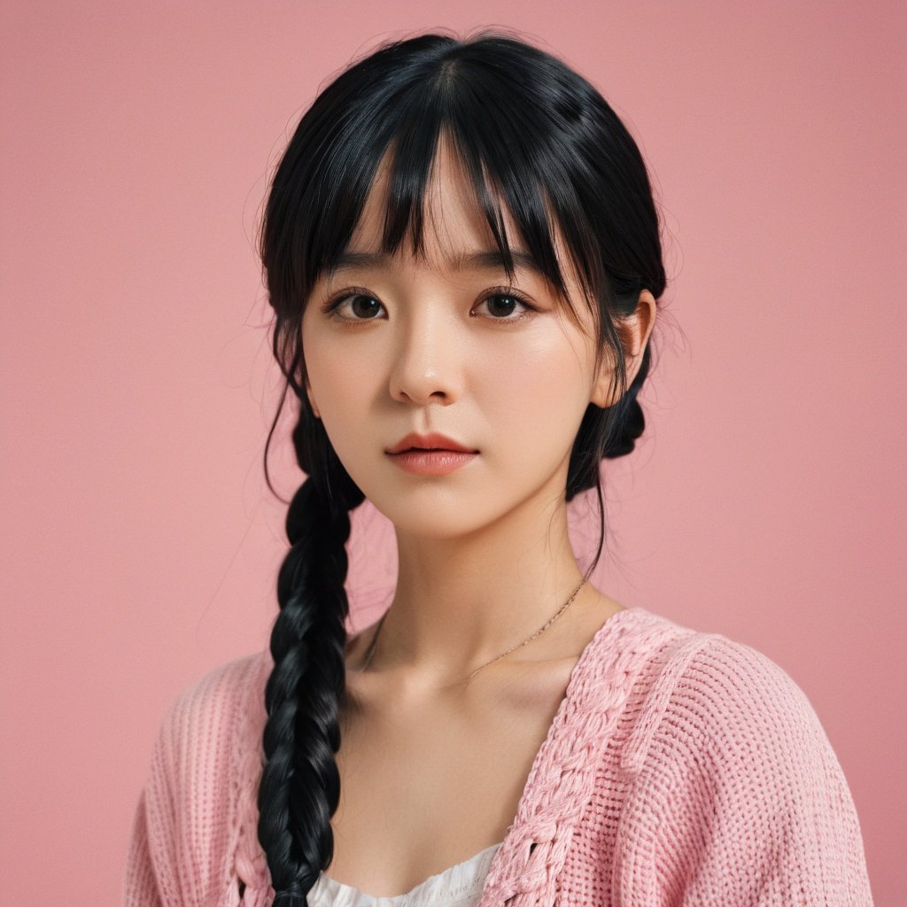 1girl, solo, braid, looking at viewer, black hair, pink background, bangs, closed mouth, realistic, twin braids, black eyes, upper body, mole, blunt bangs, grey background,FilmGirl