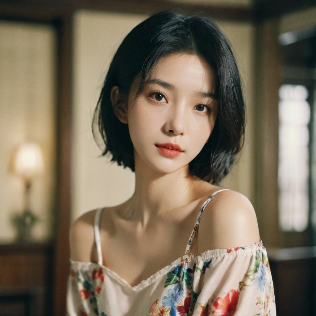 FilmGirl, 1girl, solo, looking at viewer, black hair, short hair, upper body, black eyes, lips, realistic, floral print, bare shoulders, closed mouth, collarbone, forehead, blurry, indoors, blurry background, off shoulder, shirt