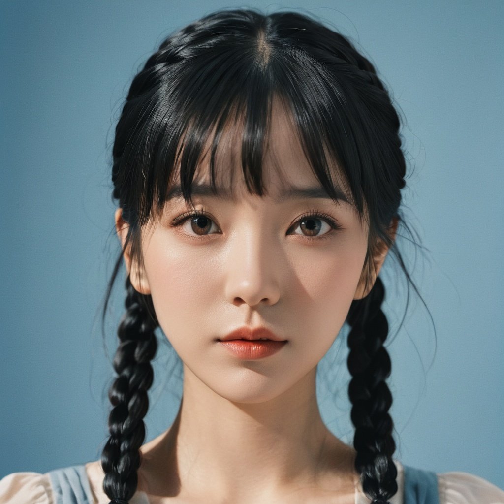 1girl, solo, braid, looking at viewer, black hair, blue background, bangs, closed mouth, realistic, twin braids, black eyes, upper body, mole, blunt bangs, grey background,FilmGirl