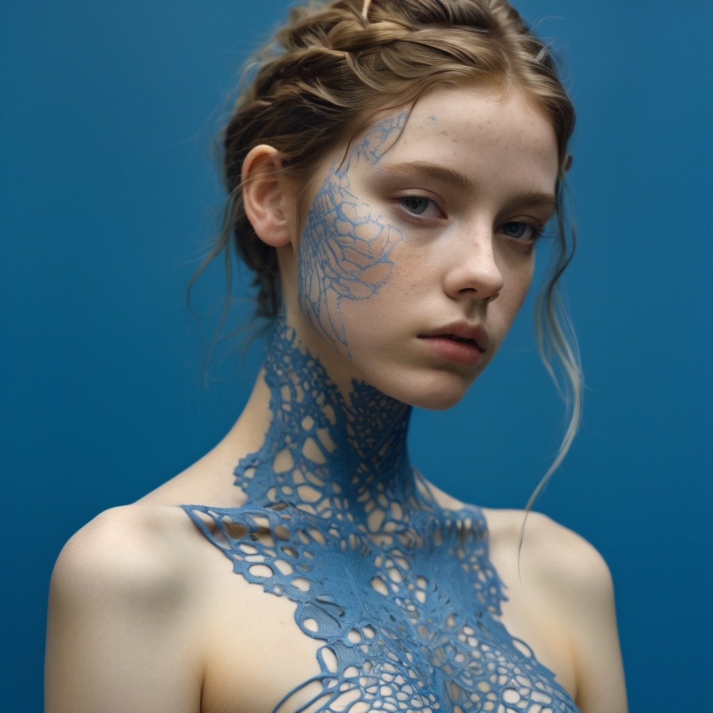 1girl in, surrealism, Verism, Anatomically correct, Textured skin, masuter piece, high details, awardwinning, hight resolution, 8K,Unevenness of the skin,20yr old, blue backgroud,FilmGirl