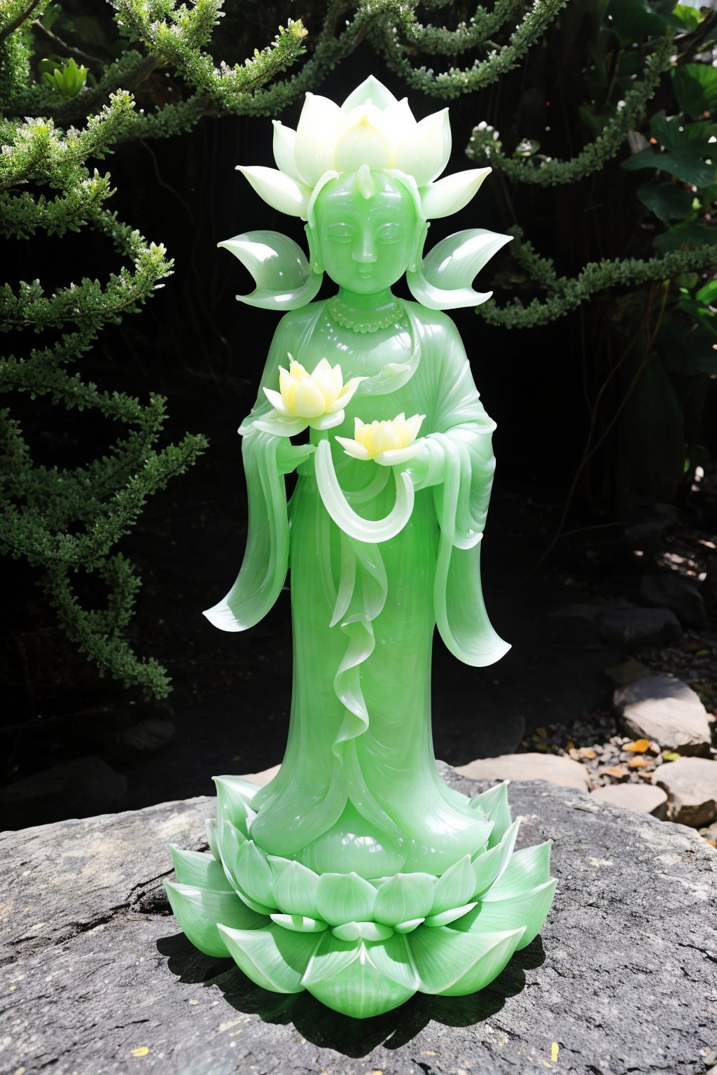 a transparent-jadecarvingcd statue of a lotus, solo, no humans, high quality, masterpiece, realistic, photorealistic, long-focus, outdoors,jade